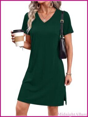 RUMIA V-Neck Summer Dress Knee-Length A-Line Sundress with Side Slits